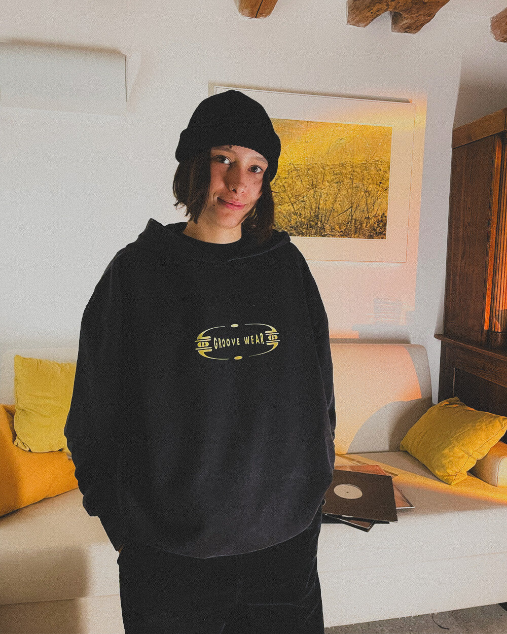 GRADIENT GROOVE YELLOW | ACID WASH BLACK HOODIE