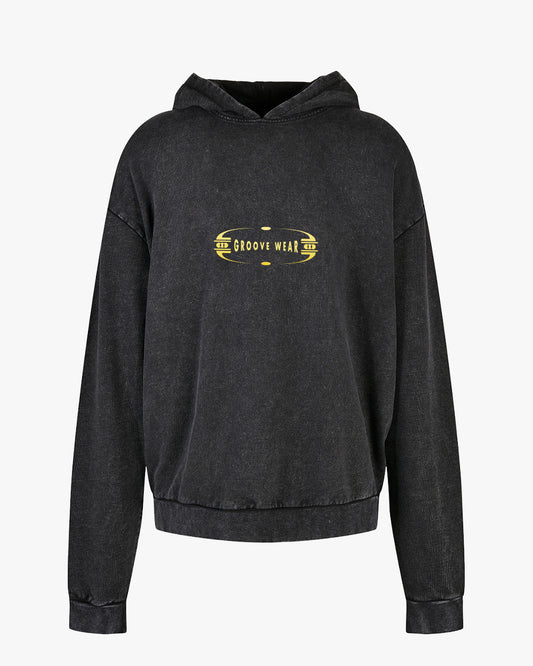 GRADIENT GROOVE YELLOW | ACID WASH BLACK HOODIE